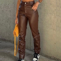 Casual Straight Fit Long PU Leather Pants