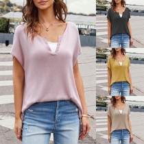 Fashion Solid Color V-neck Cap Sleeve Knitted Shirt