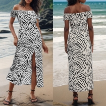 Fashion Zebra Printed Off-the-shoulder Short Sleeve Front Slit Dress