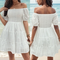 Sexy Off-the-shoulder Short Sleeve Smocked Bodice Floral Hollow Out Mini Dress