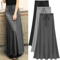 Casual Solid Color Elastic Drawstring Maxi Skirt