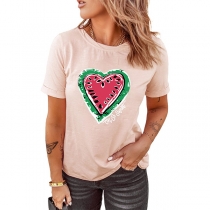 Casual Heart Printed Round Neck Short Sleeve Shirt