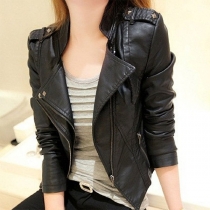 Short Slim Stand Collar PU Leather Motorcycle Jacket