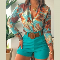 Printed Stand Collar Long Sleeve Shirt and Shorts Suit