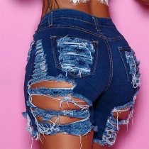 Stretch Denim Shorts with Ripped Details