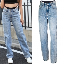 Street Fashion Fake-two-piece Straight-cut Old-wash Denim Jeans (with Panties Spliced along the Waist)