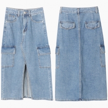 Vintage Old-washed Side Patch Pockets Slit Denim Skirt