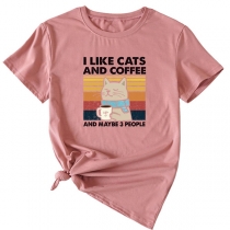 Funny Cat and Coffee Pattern Short Sleeve T-Shirt