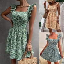 Fresh Style Floral Printed Square Neck Ruffled Sleeveless Backless Bowknot Mini Dress