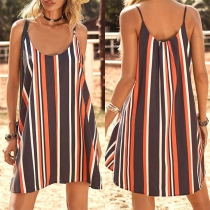 Fashion Contrast Color Vertical Stripe Printed V-neck Slip Dress