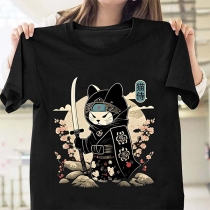 Sakura Full Moon Cat Samurai Design T-Shirt
