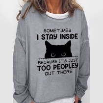Shy Cat Design Loose Casual Round Neck Long Sleeve Pullover