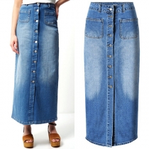 Street Fashion Front Button Back Slit Patch Pockets High-rise Old-washed Denim Skirt