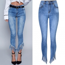 Street Fashion Frayed Tassel Irregular Hemline Old-washed Denim Jeans
