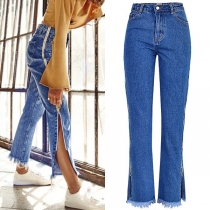Street Fashion Side Zipper Frayed Hemline Old-washed Denim Jeans