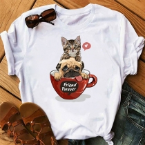 Casual Round Neck Short-Sleeved T-Shirt: Cartoon Animal Cat and Dog Print