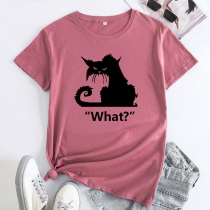 Crew Neck Short-Sleeved T-Shirt with Angry Cat Print