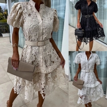 Elegant Floral Jacquard Short Sleeve Lace Dress with Belt