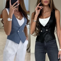 Elegant Solid Color Double-breasted Sleeveless Vest
