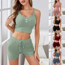 Comfy Lace Spliced Ribbed Two-piece Pajamas Set Consist of Crop Top and Shorts