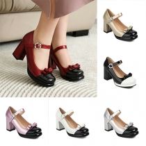 Elegant Contrast Color Bowknot Block Heeled Mary Jane Shoes