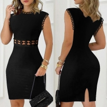 Sexy Lace Spliced Hollow-out Mock Neck Sleeveless Slit Bodycon Dress