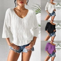 Casual Solid Color V-neck 3/4-Sleeve Loose Knitted Shirt