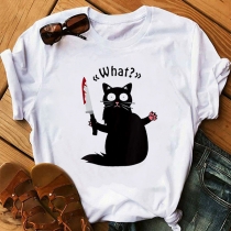 Funny Black Cat Holding Knife Round Neck Short-Sleeved T-Shirt