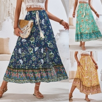 Bohemian Style Floral Printed Drawstring Maxi Skirt