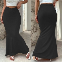 Casual Solid Color Mid-rise Fishtail Hemline Bodycon Skirt