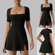 Fashion Square Neck Short Sleeve Slit Mini Dress