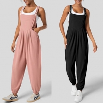 Casual Solid Color Patch Pockets Pleated Loose Jumpsuit