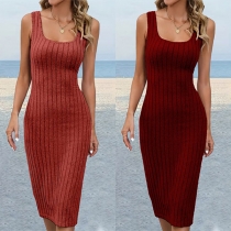 Fashion Solid Color Square Neck Sleeveless Ribbed Bodycon Dress