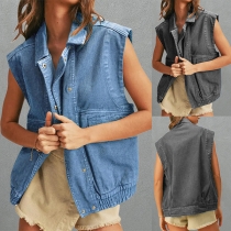 Street Fashion Stand Collar Sleeveless Patch Pockets Loose Denim Vest