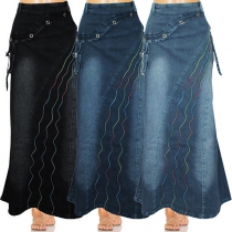Street Fashion Wave Printed Fishtail Hemline Denim Skirt