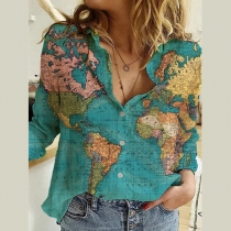 Slim Long Sleeve Shirt with 3D Printed Map Depicting Tops