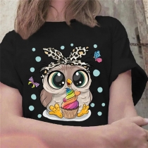 Casual Tops with Cute Owl Graphic Print