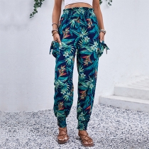 Casual Tropical Print Cargo Pants with Pockets