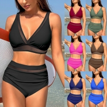 Sexy Semi-through Gauze Spliced Two-piece Swimming Set Consist of V-Neck Swimming Top and High-rise Swimming Bottom