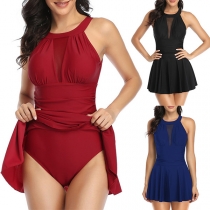 Fashion Gauze Spliced Two-piece Swimming Suit Consist of V-neck Swimming Dress and Swimming Bottom