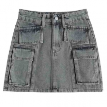 Fashion Old-washed Side Patch Pockets Denim Skirt