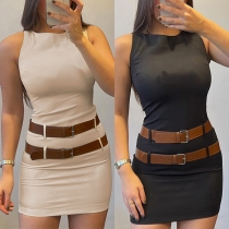 Fashion Solid Color Round Neck Sleeveless Tank Dress with Belt