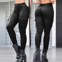 Fashion Low-rise Side Patch Pockets Artificial Leather PU Skinny Pants