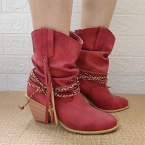 Round Toe Short Boots withTassel Braided Design