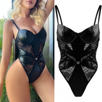 Sexy PU Leather Suspender One-Piece Push-Up Lace See-Through Corset