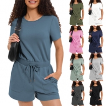 Casual Solid Color Round Neck Short Sleeve Drawstring Romper