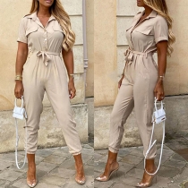 Fashion Stand Collar Short Sleeve Button Self-tie Jumpsuit