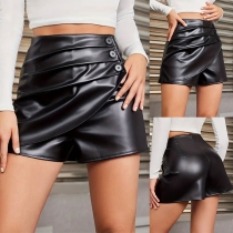 Street Fashion Ruched Button Artificial Leather PU Skorts