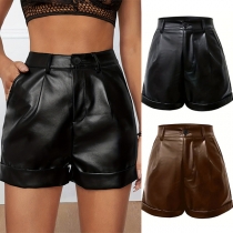Street Fashion High-rise Artificial Leather PU Shorts