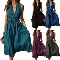 Casual Button V-neck Sleeveless High-rise Tiered Dress